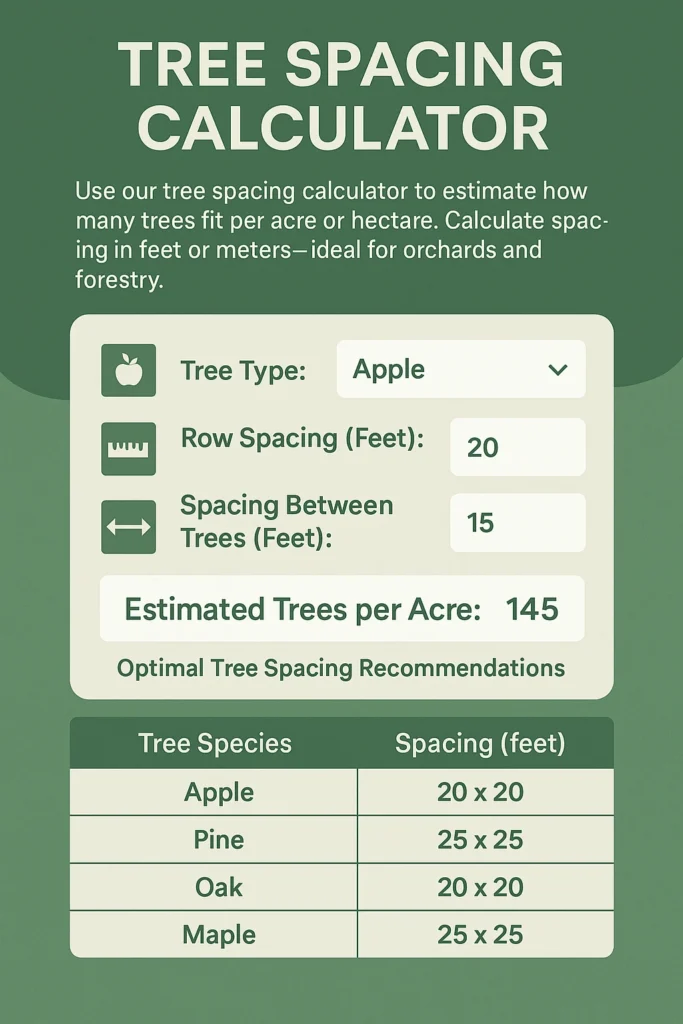 tree spacing calculator diagram, apple orchard spacing example, trees per acre formula in meters
