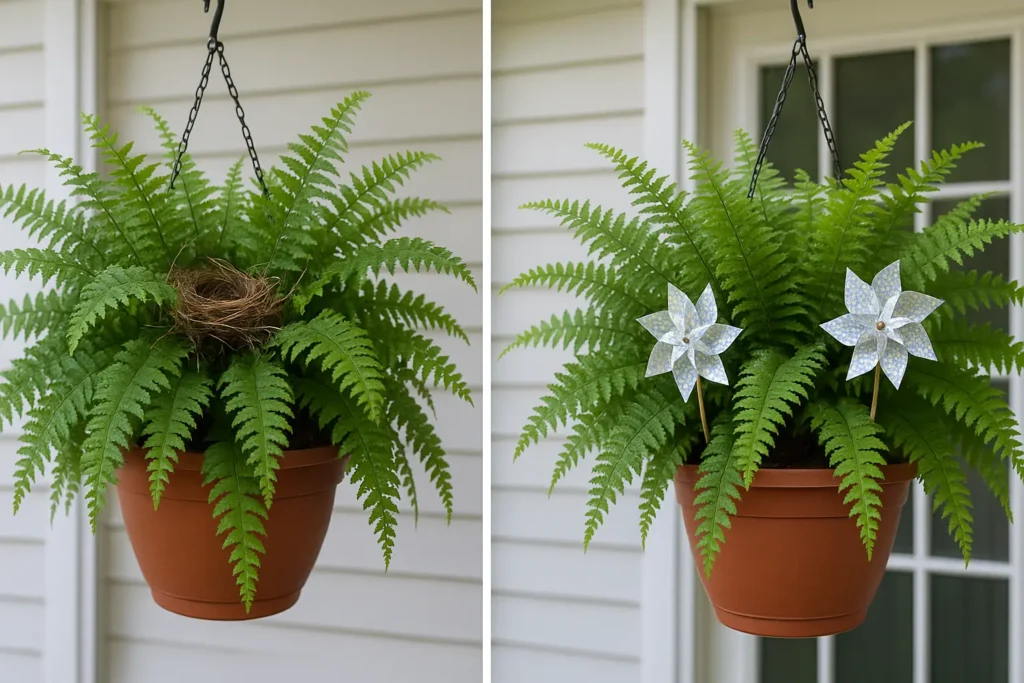 Before and after bird-proofing a hanging fern