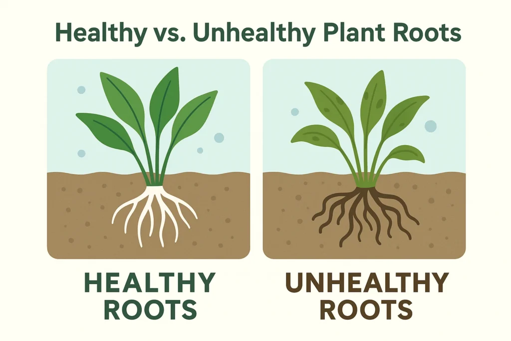 Comparison of healthy and unhealthy aquatic plant roots