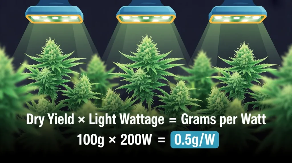 Grams per watt calculation formula visualized with grow light setup.
