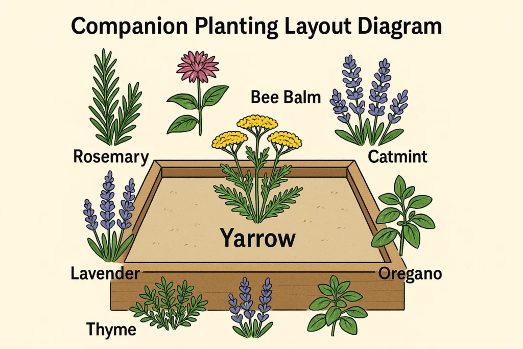 Illustrated layout of yarrow companion planting in raised garden bed