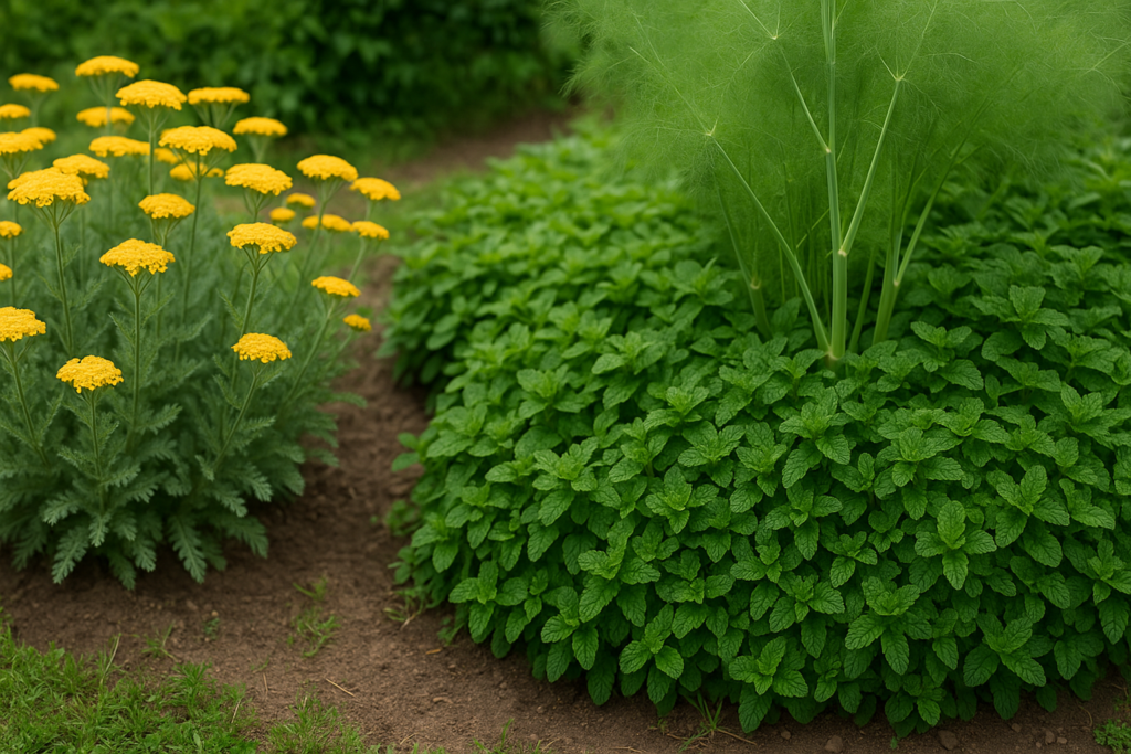 Overcrowded mint competing with yarrow in garden