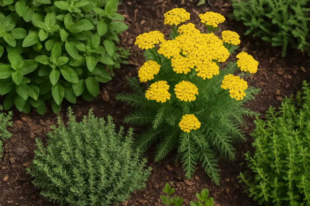 hyme, oregano, and yarrow thriving in a shared herb bed