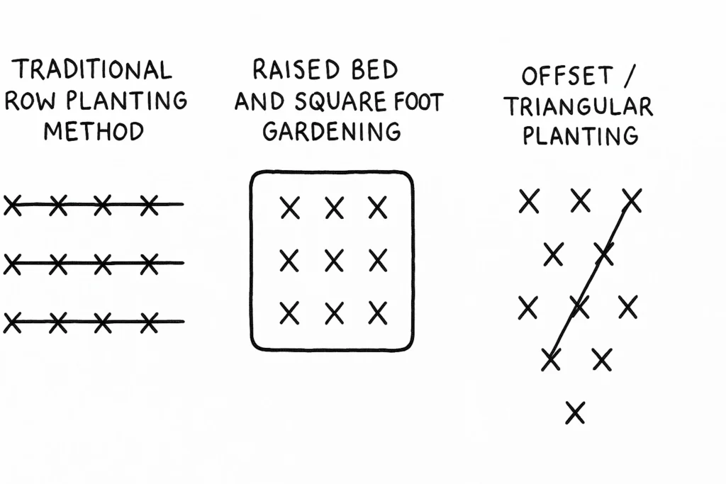 Raised Beds, Square Foot Gardening, Row Layouts & Triangular Spacing