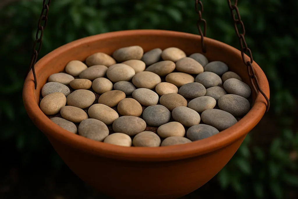 Smooth stones on planter soil to discourage birds