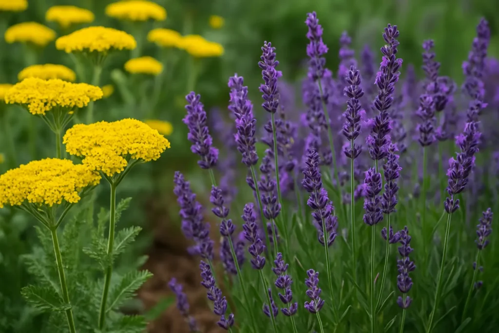 Yarrow and lavender planted side-by-side in full bloom