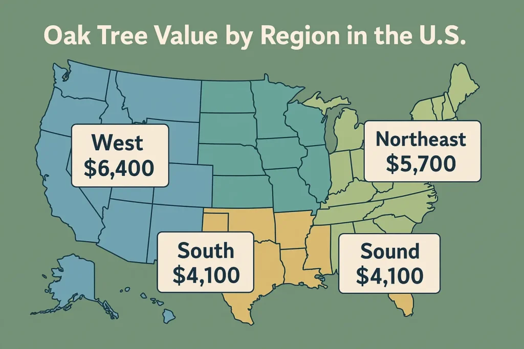 oak tree value by region is US