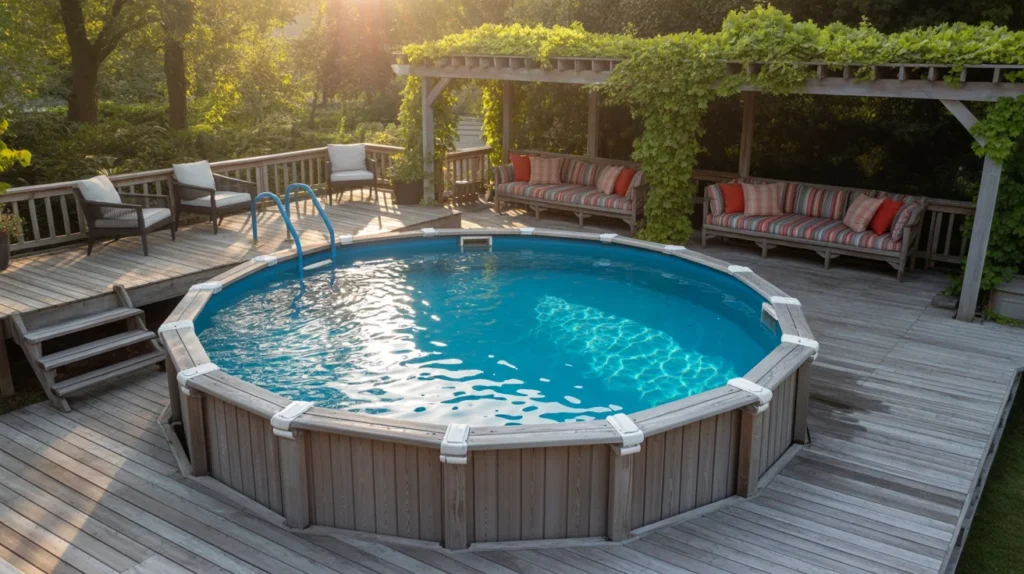 Above ground pool connected to a stylish backyard deck with seating