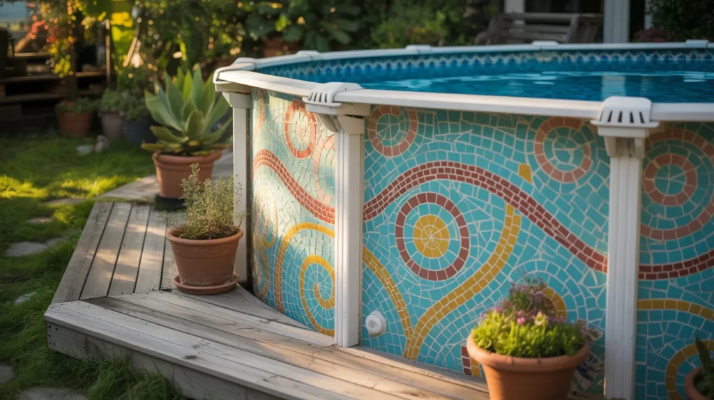 Artistic mosaic design decorating an above ground pool