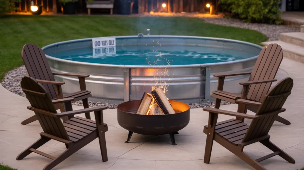 Backyard stock tank pool with cozy fire pit and seating
