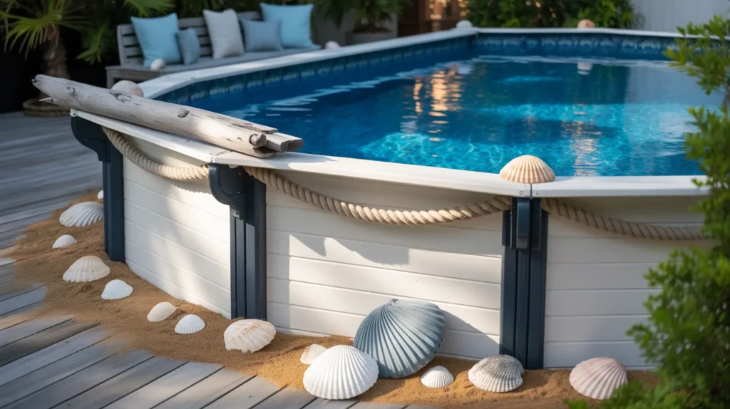 Beach-themed backyard pool with nautical bar