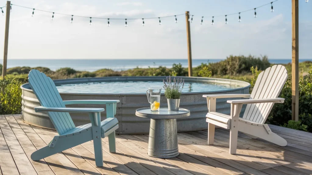 Beachy backyard with driftwood deck and pool