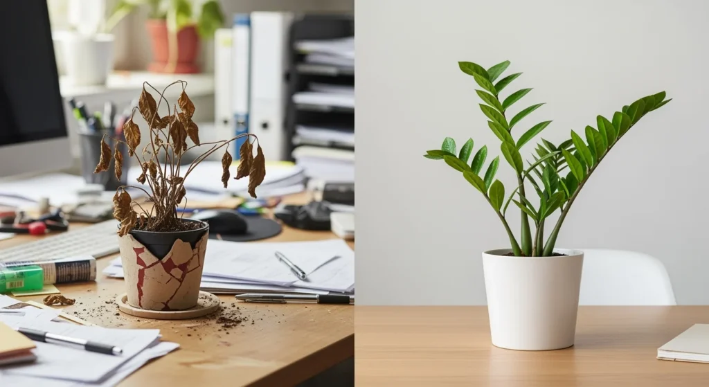 Before and after ZZ plant replacement on desk – best low-maintenance desk plant