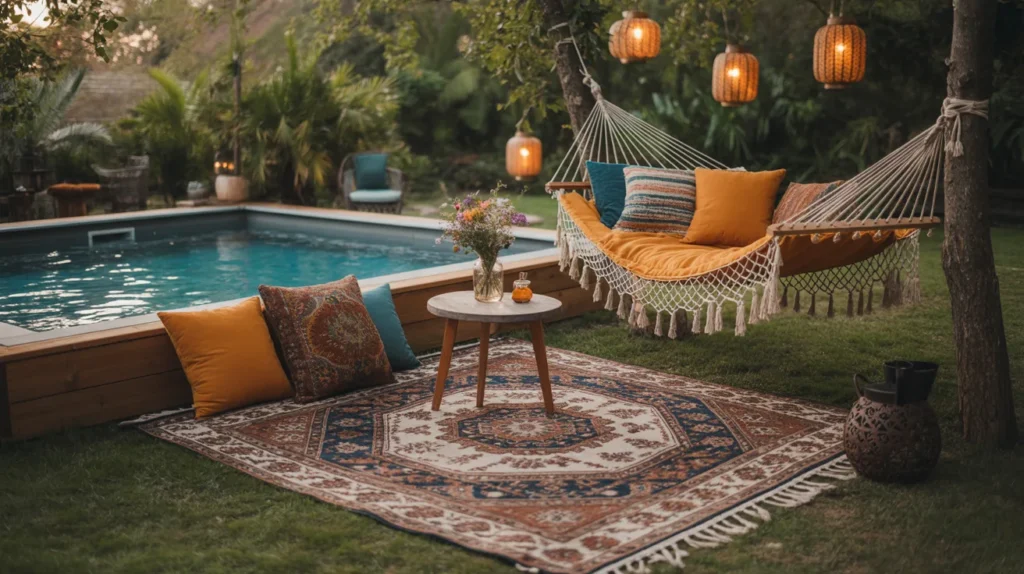 Bohemian-style pool area with eclectic outdoor decor