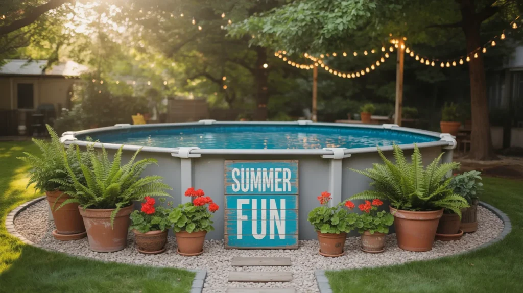 Budget-friendly landscaping around a backyard above ground pool
