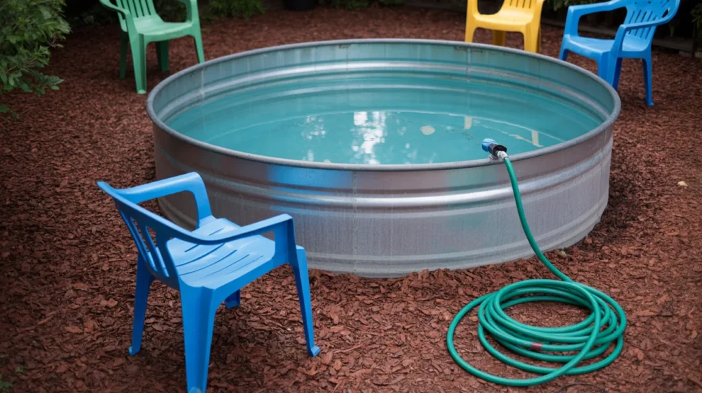 Budget stock tank pool in a modest yard with simple setup