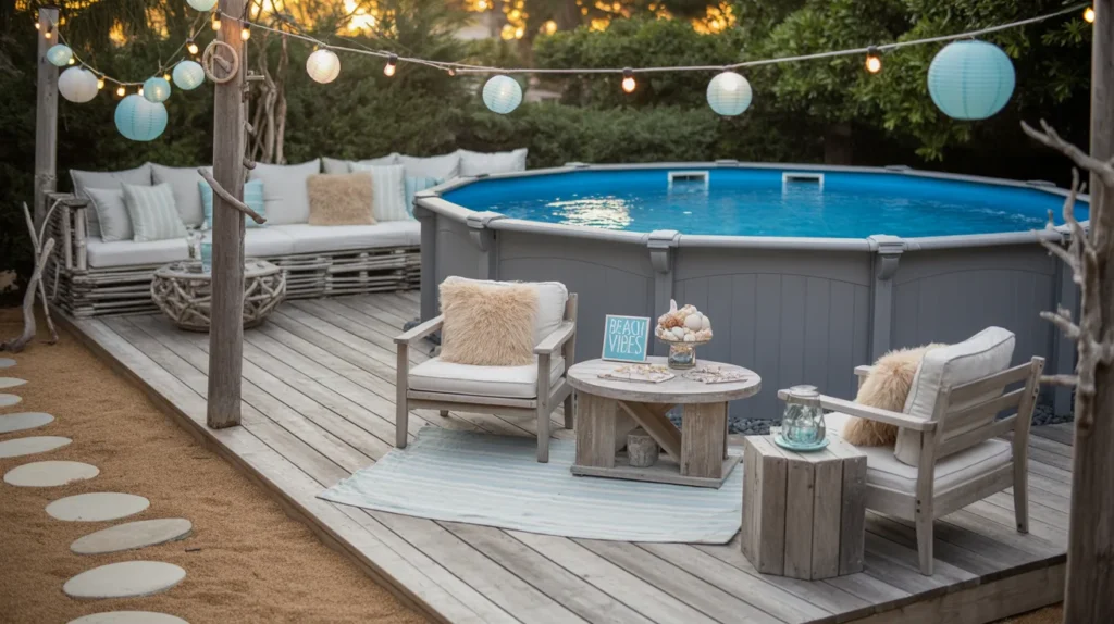 Coastal-themed above ground pool with beach-inspired decor