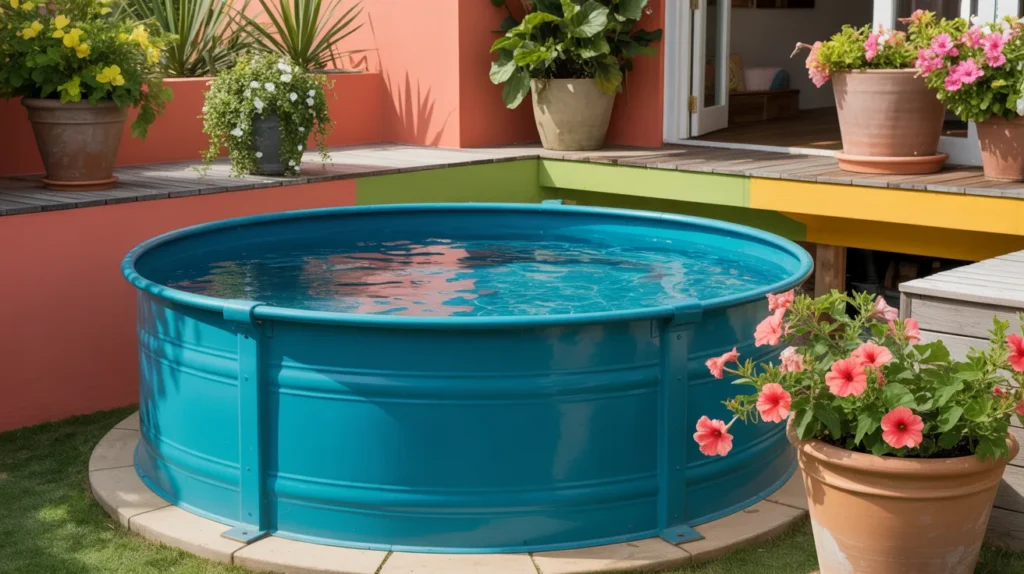 Colorful pool and deck with fun backyard decor