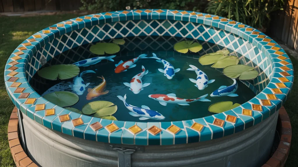 Colorful stock tank pool with mosaic and painted trim