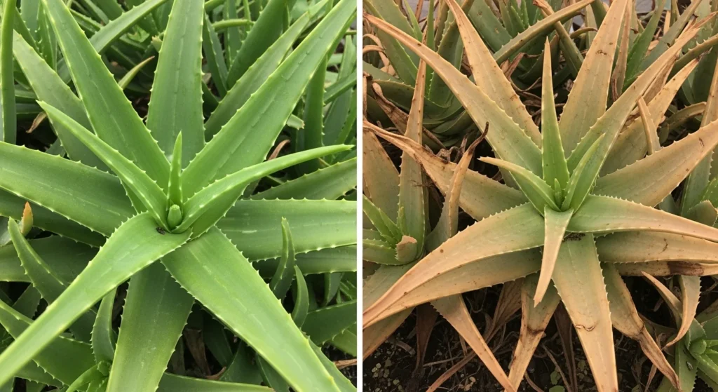 Comparison of healthy vs sunburnt aloe vera plant
