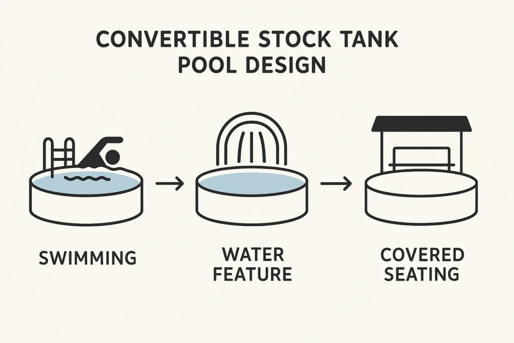 Convertible pool concept with multi-use design modes