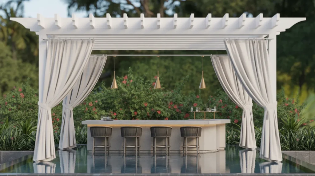 Covered pool with pergola and stylish outdoor bar
