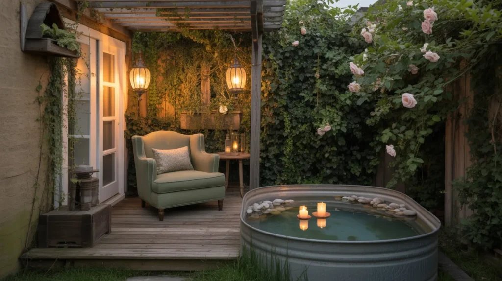 Cozy corner retreat with pool and lounge chairs