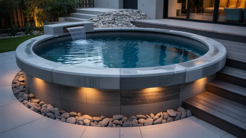 Custom stock tank pool with high-end finishes and lighting