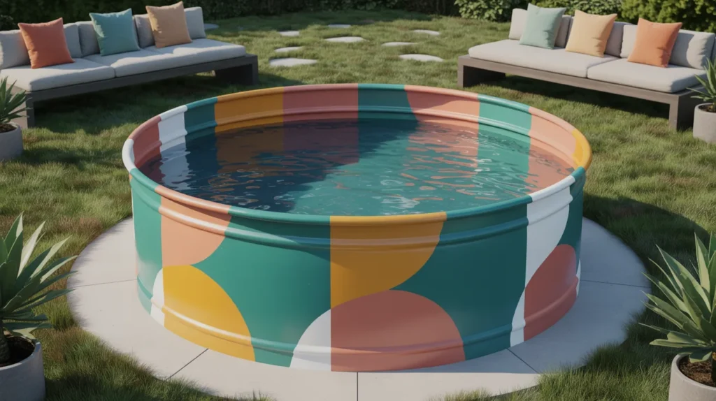 DIY painted stock tank pool with bright artistic design