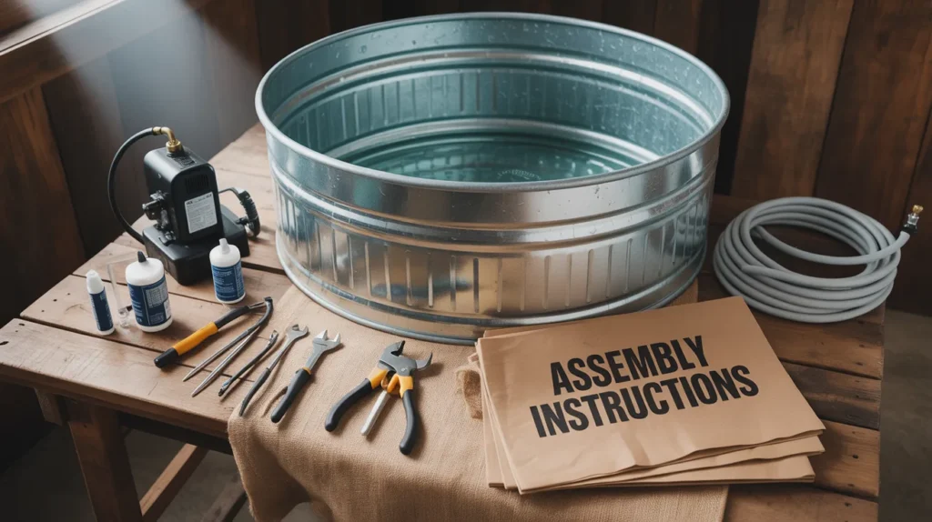 DIY stock tank pool kit with tools and instructions laid out
