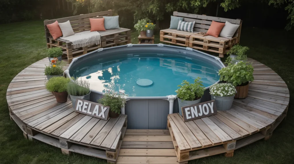 DIY-style backyard makeover featuring a repurposed pallet deck around an above ground pool, handmade decor and cozy seating