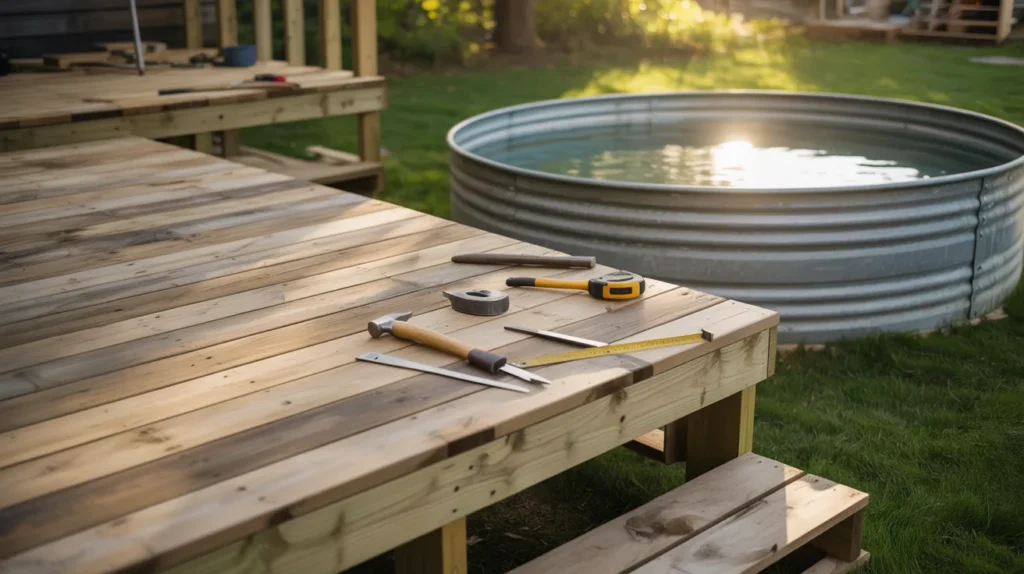 DIY wood deck next to rustic metal tank pool