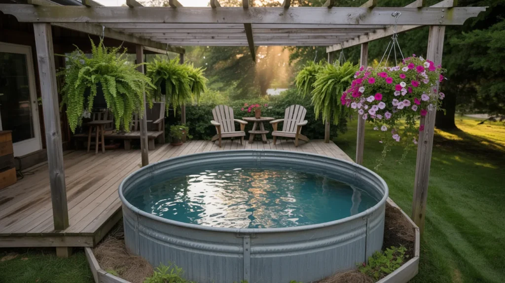 Deck and pergola around stock tank pool in backyard