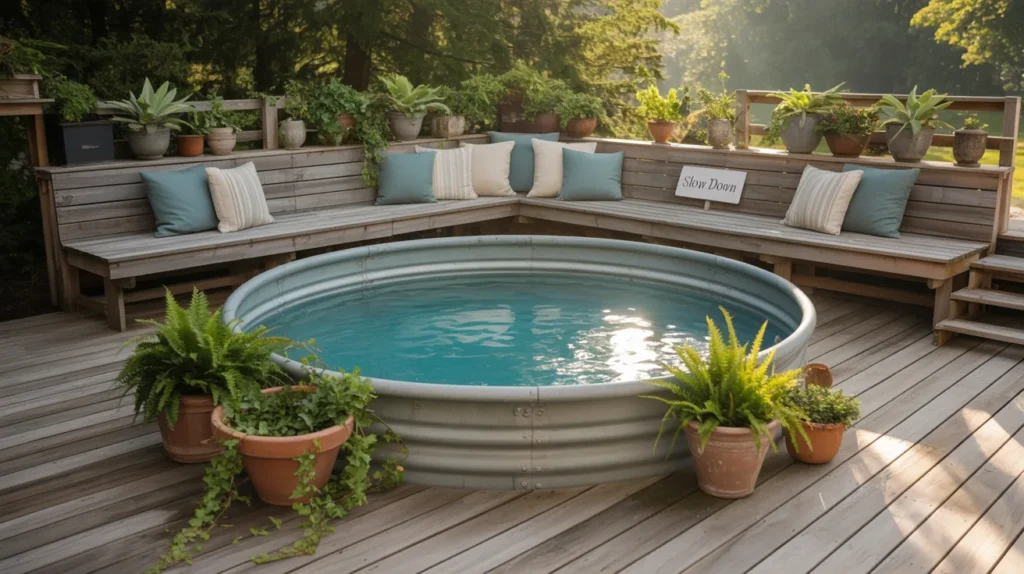 Deck with built-in seating around stock tank pool