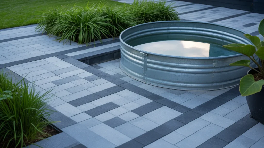Deck with geometric design and round pool