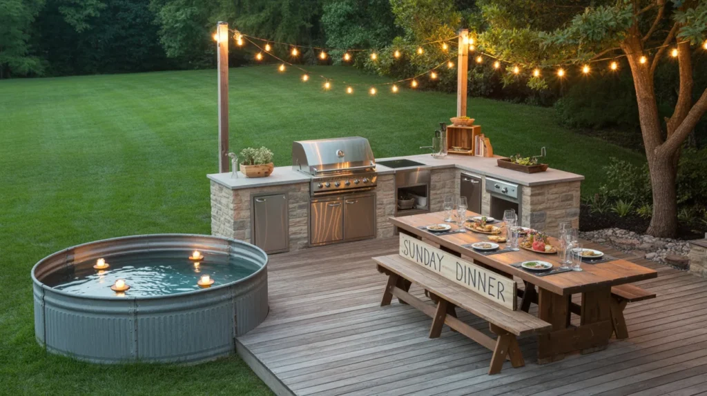 Deck with outdoor kitchen and nearby pool
