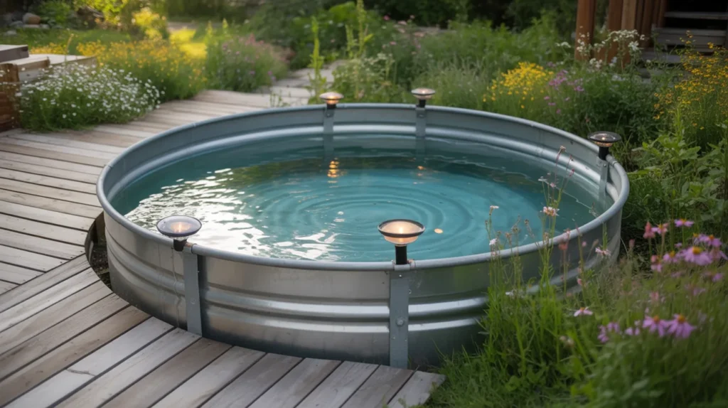 Eco-conscious stock tank pool with solar lights and greenery