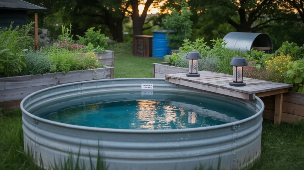 Eco-friendly pool area with planters and native greenery