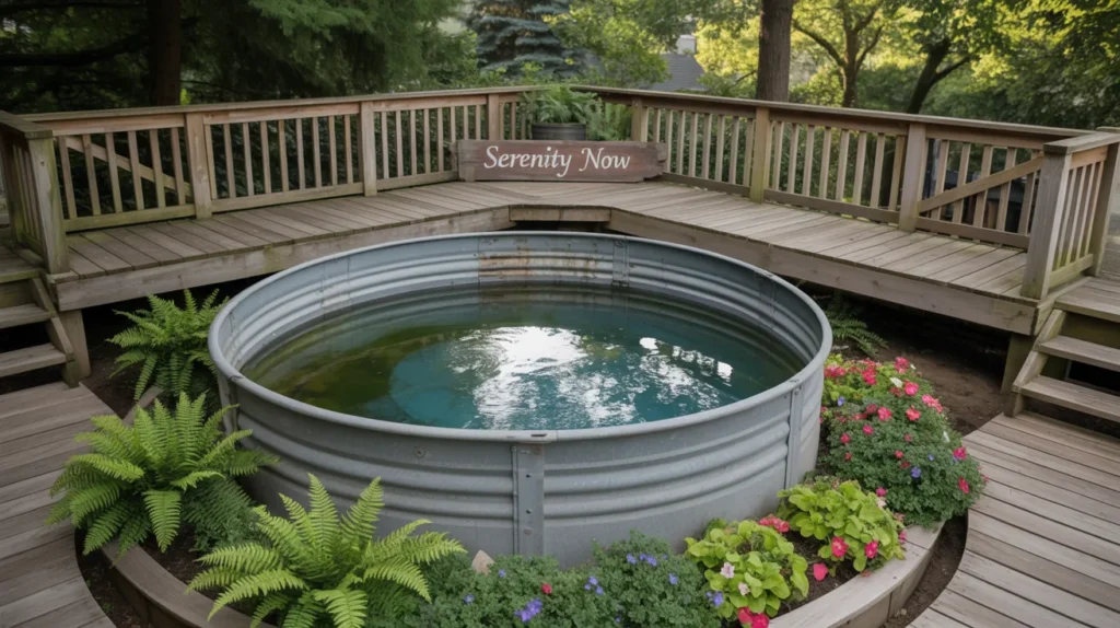 Elevated deck with pool and terraced plants