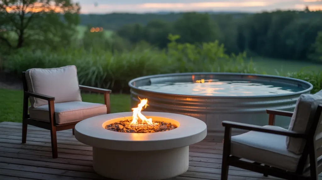 Evening deck setup with fire pit and pool lighting