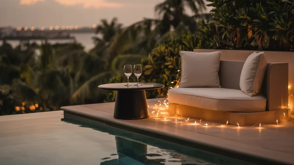 Evening pool scene with romantic lighting and bar