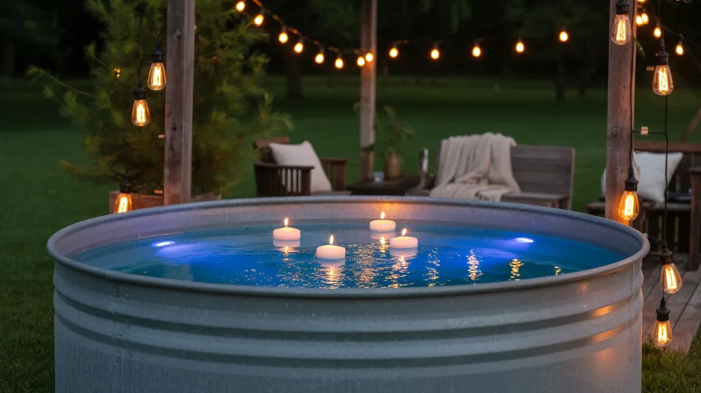 Evening pool scene with soft lighting and floating candles