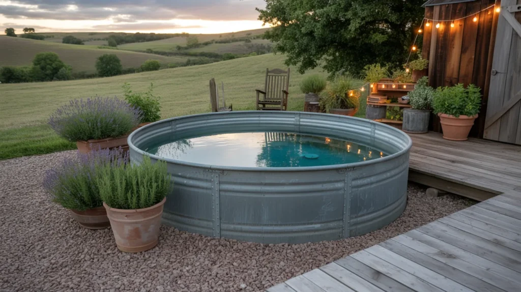 Farmhouse-style pool setup with wood accents and gravel