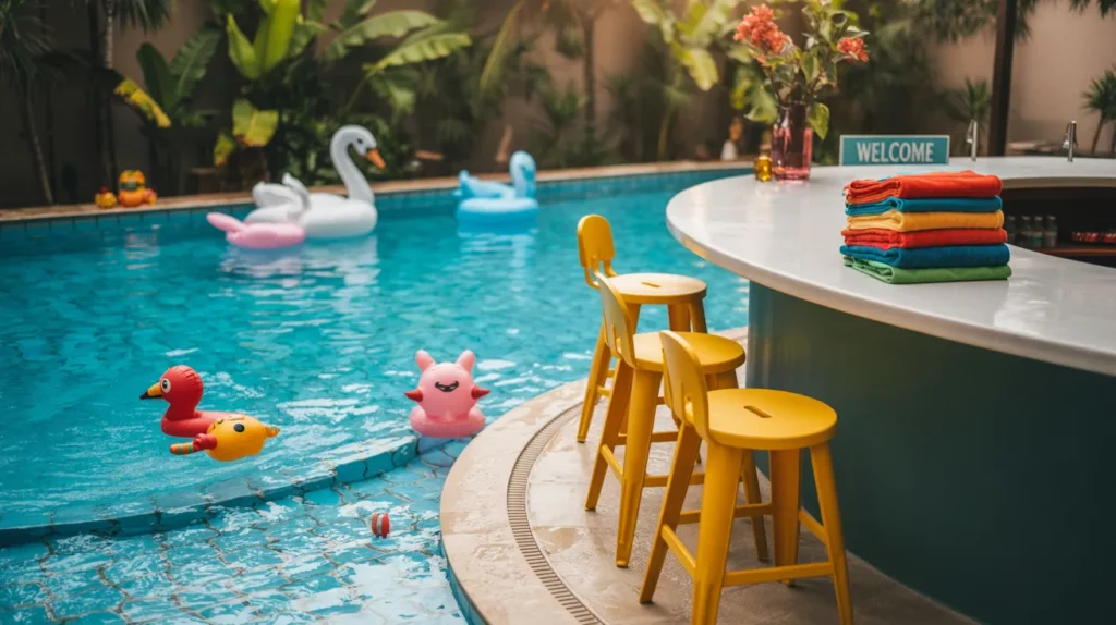 Fun family pool area with colorful bar and accessories