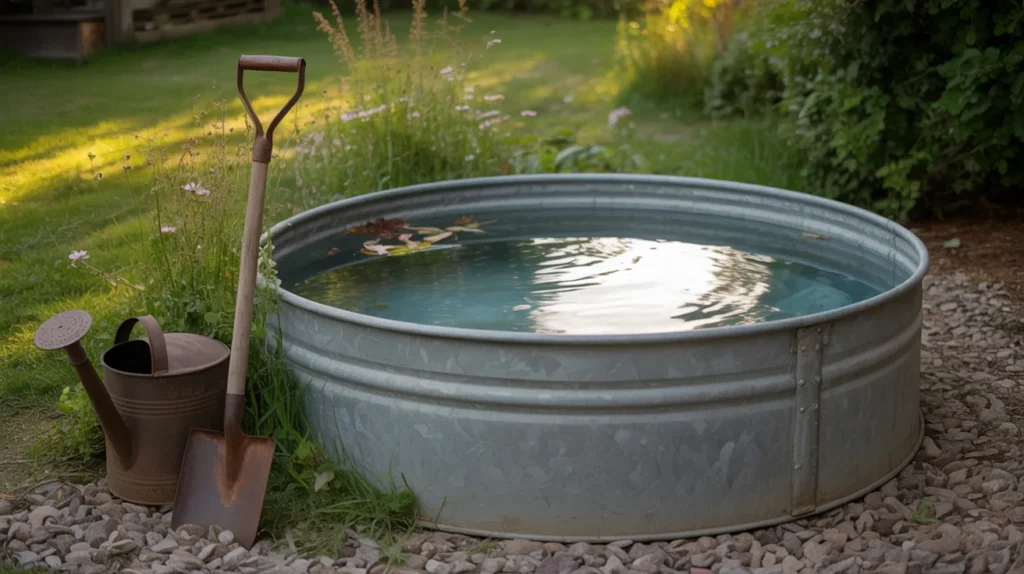 Galvanized stock tank pool set up in a rustic backyard