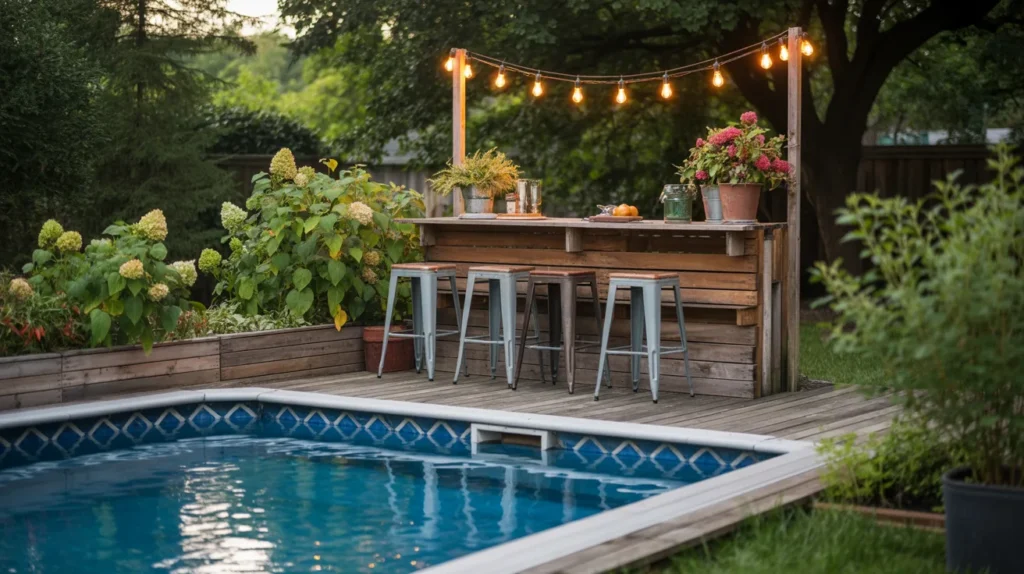 Handmade pool setup with custom deck and bar