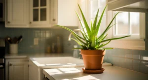 Healthy aloe vera plant on windowsill with natural light