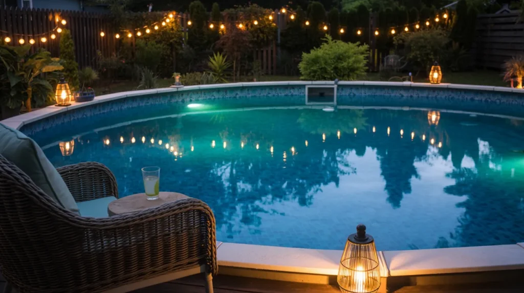 Illuminated above ground pool with ambient nighttime lighting