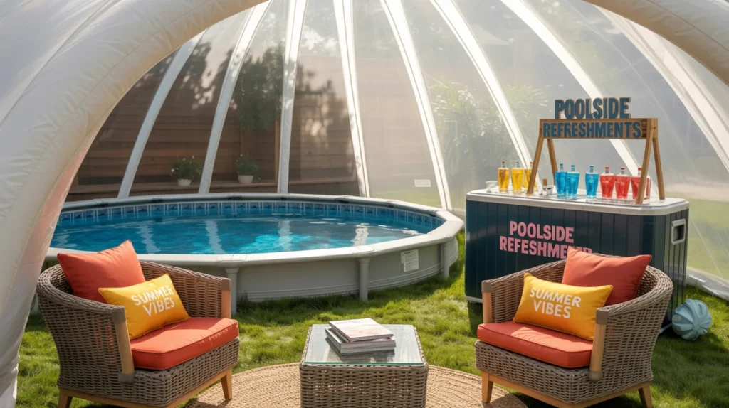 Inflatable pool dome with relaxed bar and seating
