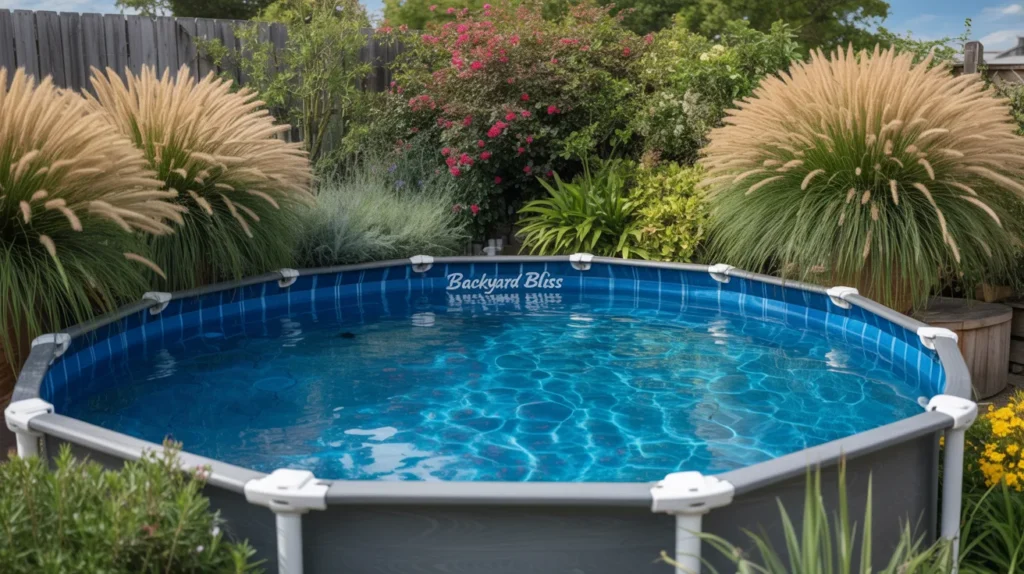 Landscaped above ground pool with native greenery and flowers